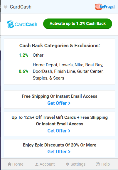 BeFrugal cashback for CardCash gift card discount deals